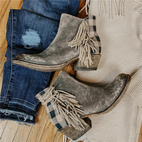 Taupe Chunky Heel Faux Leather All Season Tassel Boots