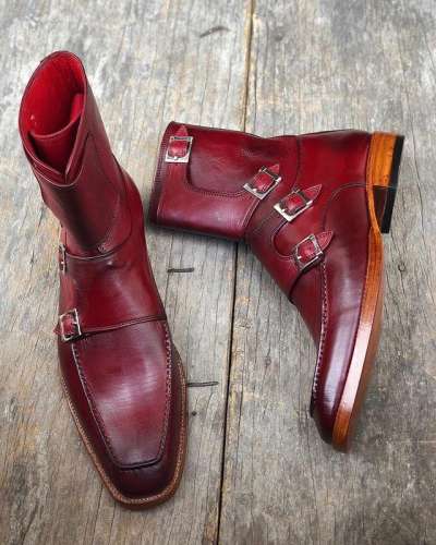 Handmade Men’s Burgundy Colour Quad Monk Strap Boots