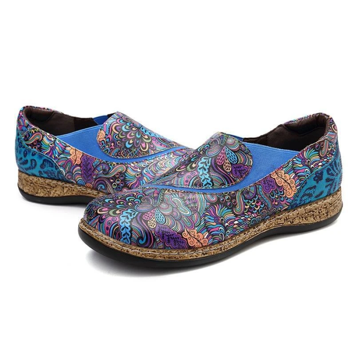 Intricate Floral Printed Leather Slip On Flats