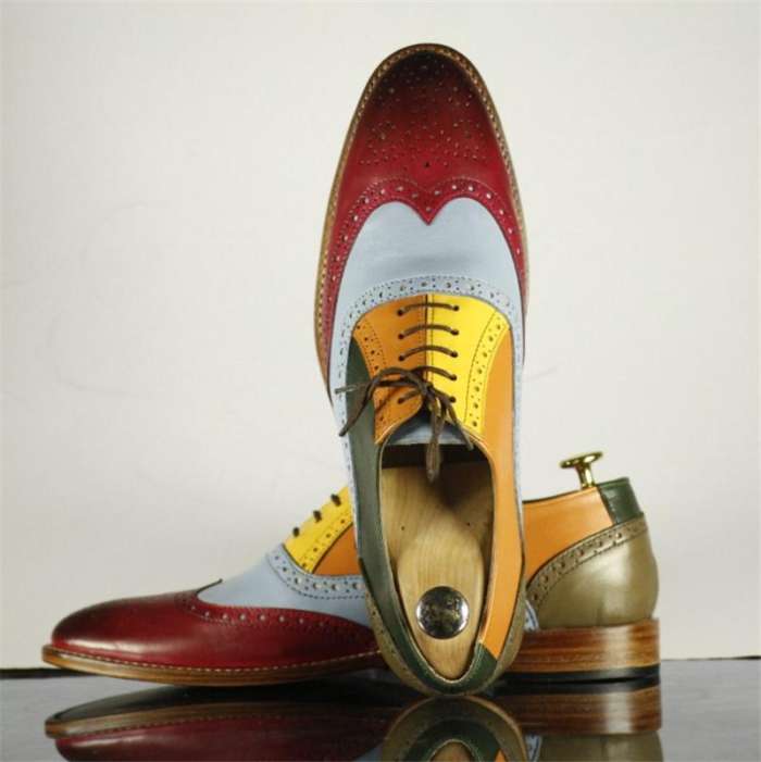 New Handmade Men's Multi Color Leather Wing Tip Brogue Lace Up Shoes