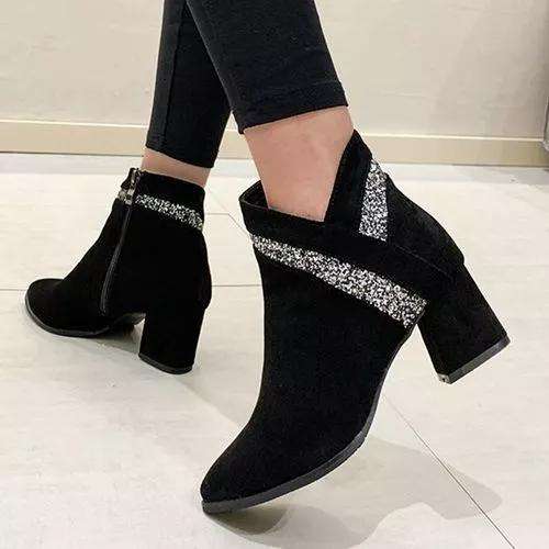 Women's Sequin Ankle Boots Closed Toe Pointed Toe Cloth Chunky Heel Boots