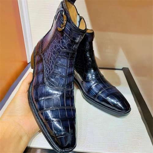 High Heel Side Round Buckle Blue Alligator Pattern Dress Shoe Boots