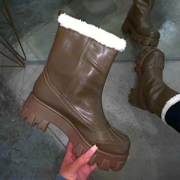 Women Slip On Platform Chunky Heel Warn Inner Fur Snow Boots