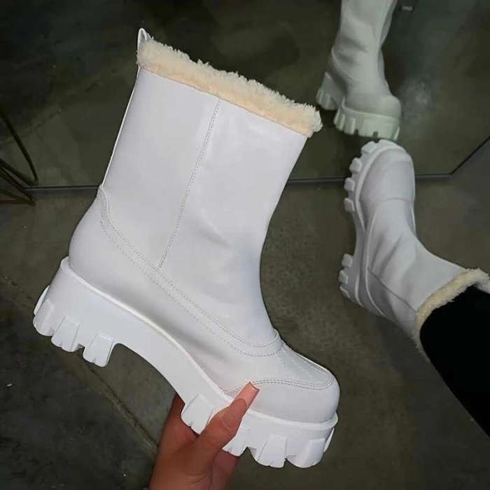 Women Slip On Platform Chunky Heel Warn Inner Fur Snow Boots