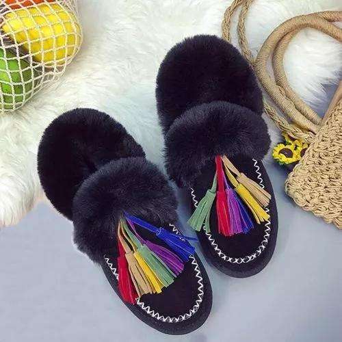 Women's Tassel Fur Flats Flat Heel Boots