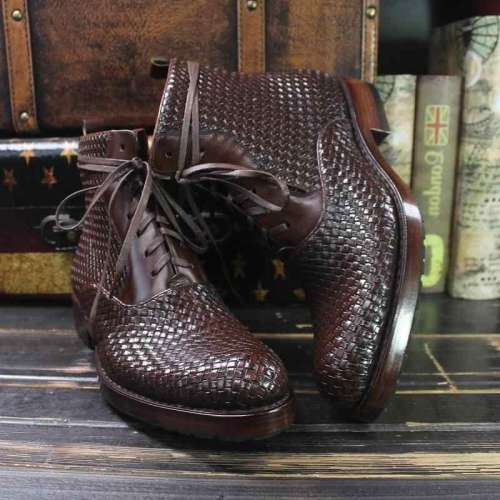 Men Handmade Leather Woven Bordered Boots