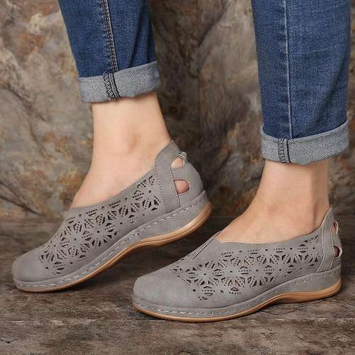 Hollow Out Elastic Band Round Toe Slip On Flat Shoes