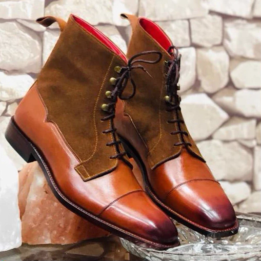 Orange Suede Brown Leather Ankle High Lace Up Boots