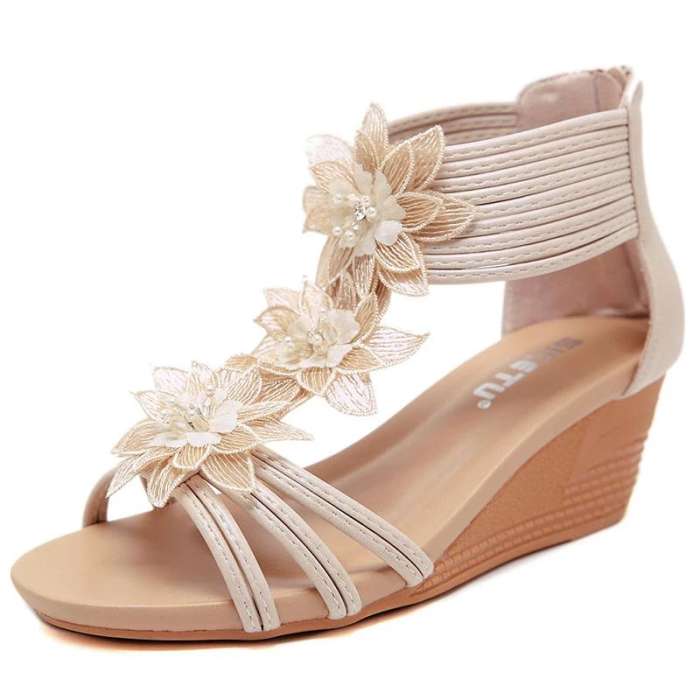 Women Elegant Romantic Pu Three-dimensional Flowers Wedge Heel Sandals