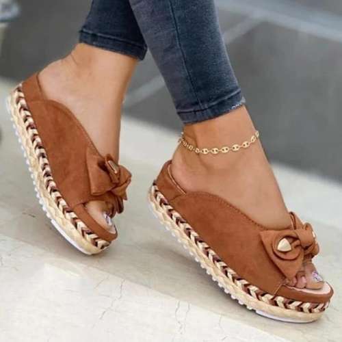 Women Casual Pu Bowknot Pure Color Braided Strap Flat Sandals