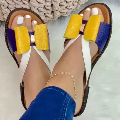 Women Casual Pu Color-Blocking Bowknot Flat Sandals