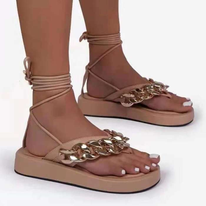 Women Fashion Comfortable Pu Chic Chain Lace-up Platform Sandals