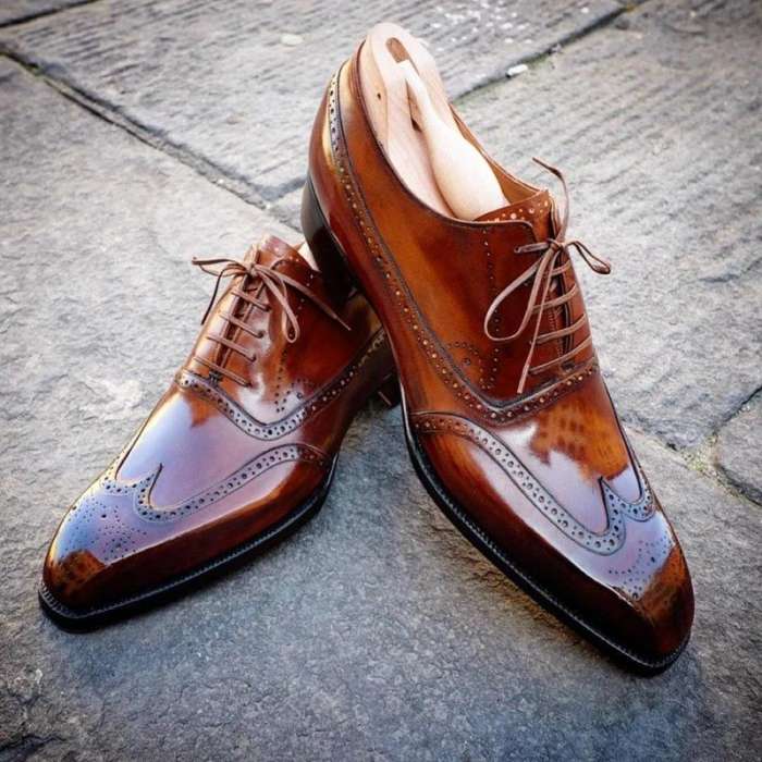 Mens Handmade Wing Tip Brogue Brown Leather Shoes