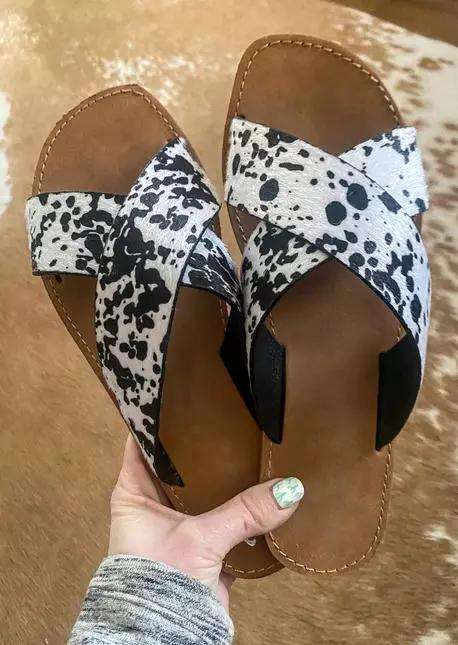 Western Cow Cross Band Flat Slippers