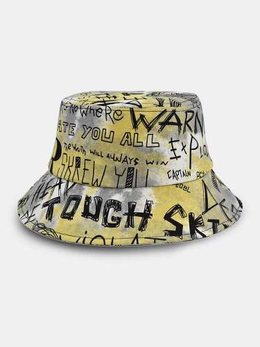 Unisex Cotton Tie-dye Letter Graffiti Painted Pattern Printing Big Brim Sunshade Bucket Hat