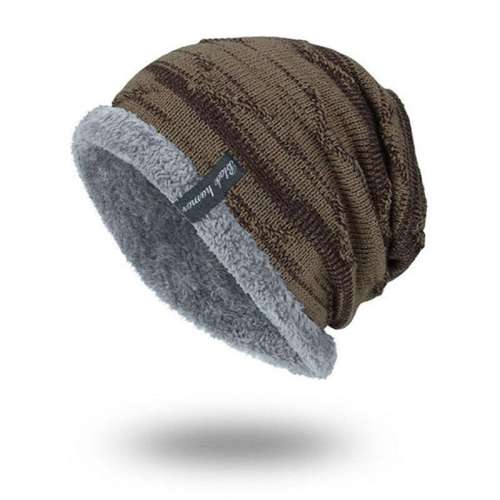 Mens Solid Color Stripe Knit Plus Velvet Fashion Beanie Hats For Men Outdoor Keep Warm Caps