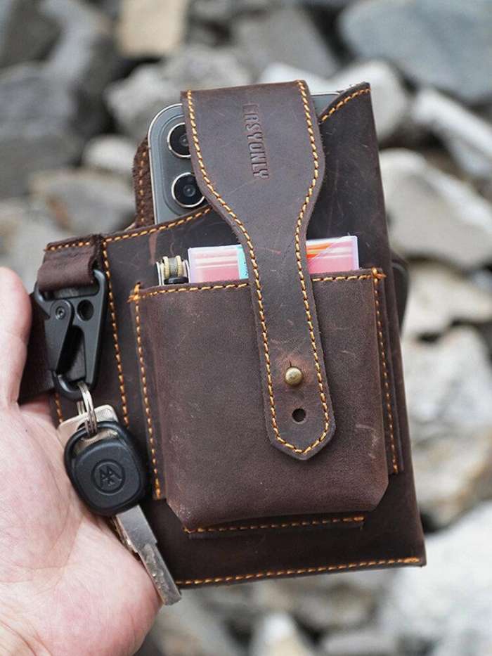 Men EDC Genuine Leather Keychain Holder 6.5 Inch Phone Bag Waist Bag Wallet