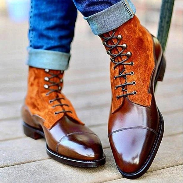 US$ 81.90 - Orange Suede Brown Leather Ankle High Lace Up Boots - www ...