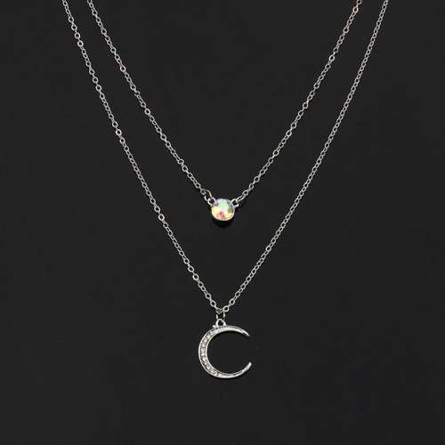 Fashion Rhinestone Moon Pendant Multi-layer Necklace