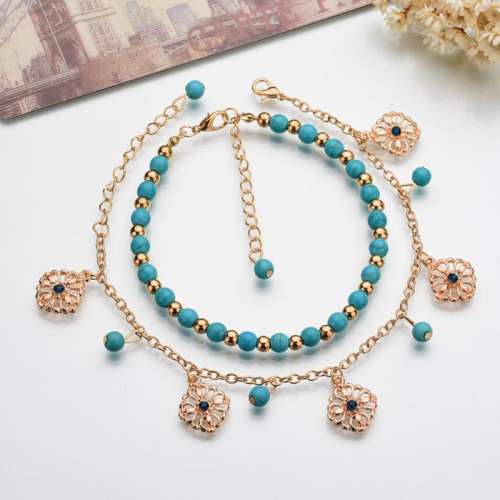 Retro Alloy Turquoise Hollow-out Flower Multilayer Anklets