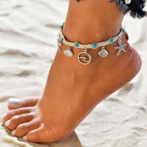 Bohemian Pendant Turquoise Beads Chain Anklets Woman Vintage Handmade Weaving Rope Ankle Chain