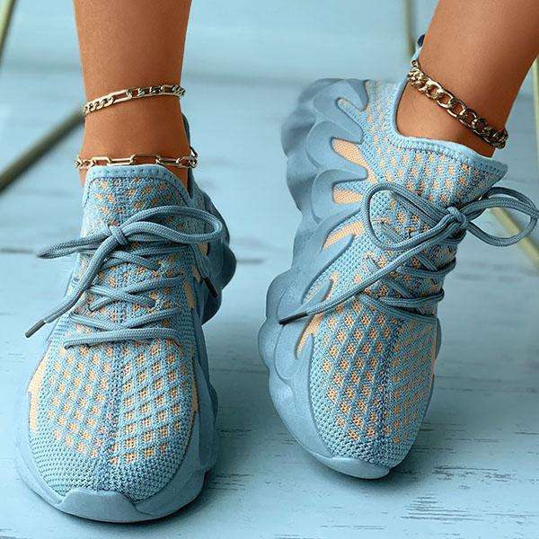 Colorblock Knit Breathable Lace-Up Sporty Sneakers