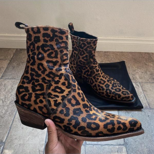 Men’s Handmade Leopard Print Mustered Ankle High Side Zipper Boot