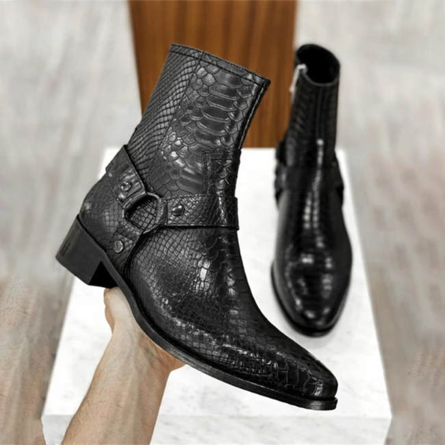 Handmade High-grade Black PU Python Pattern Belt Side Zipper Ankle Boots