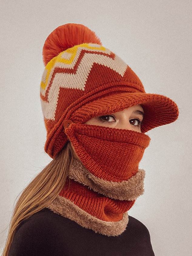 Wool Ball Knitted Warm Hat And Scarf