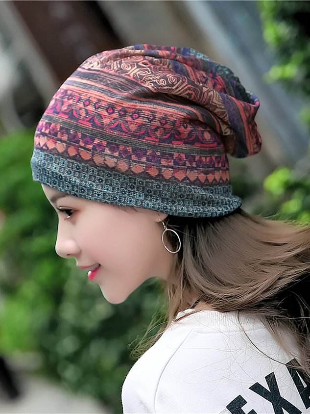 Womens Ethnic Cotton Hats Vintage Print Stripe Outdoor Scarves
