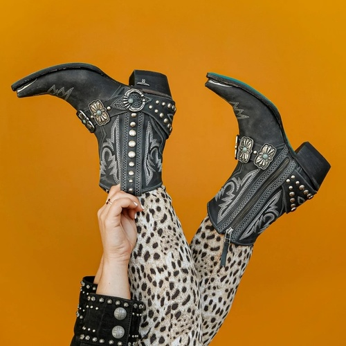 Embroidered Square Toe Rivet Boots