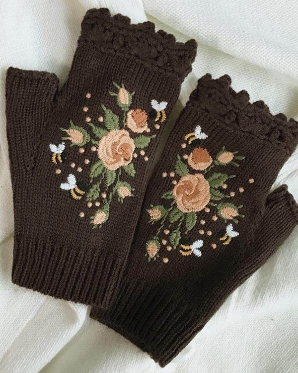 Embroidered Flower Knitted Gloves Handwarmers