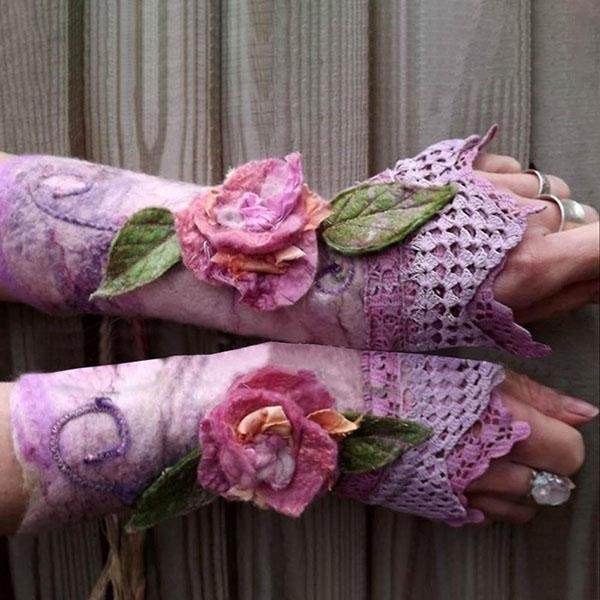 Retro Elegant Floral Leaf Appliqued Lace Gradient Fingerless Gloves
