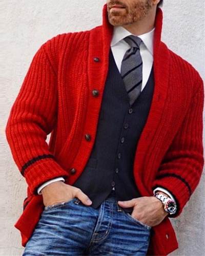 Classic Red Single Row Button Loose Casual Knit Sweater menc