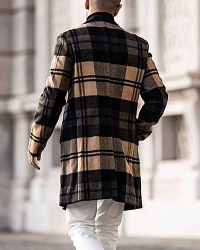 Mens Trench Coat Trendy Plaid Pattern Woolen Button Over Coat menc