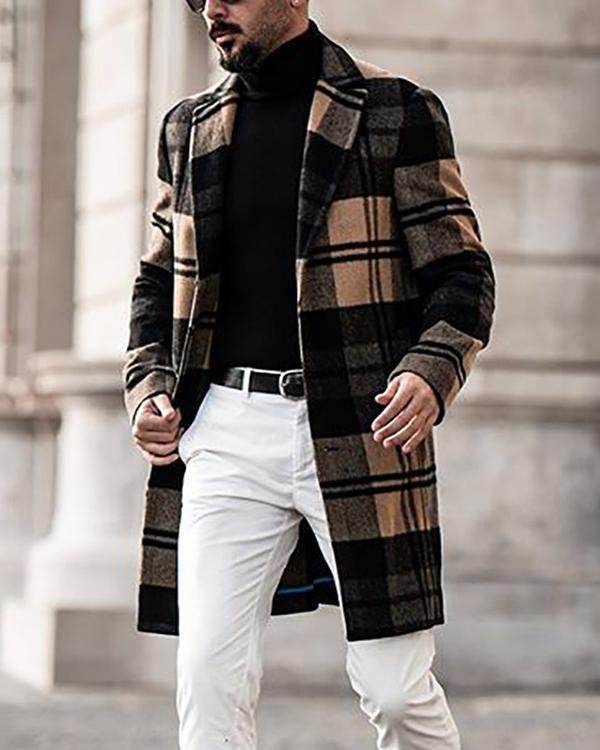 Mens Trench Coat Trendy Plaid Pattern Woolen Button Over Coat menc
