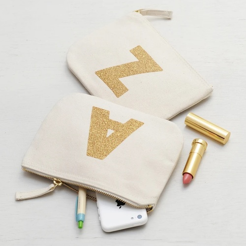 Initial Cosmetics Pouch - Monogram Pouch - Personalised Cosmetics Bag - Small Toiletry Bag - Canvas Glitter Initial Pouch - Alphabet Bags