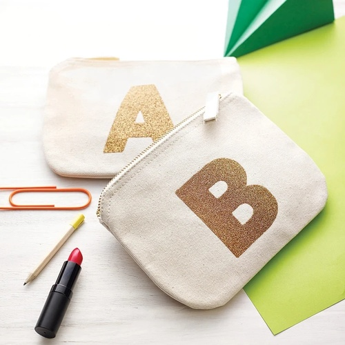 Initial Cosmetics Pouch - Monogram Pouch - Personalised Cosmetics Bag - Small Toiletry Bag - Canvas Glitter Initial Pouch - Alphabet Bags