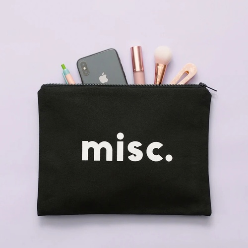 Misc. Pouch - Miscellaneous Canvas Pouch - Slogan Cotton Clutch - Canvas Zipper Bag - Essentials Bag - Handbag Insert - Black Makeup Bag