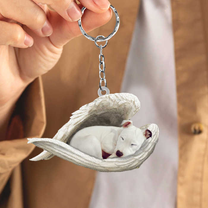 White Staffie Sleeping Angel Acrylic Keychaine | Shop Now