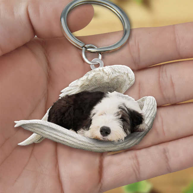 Old English Sheepdog Sleeping Angel Acrylic Keychain | Shop Now