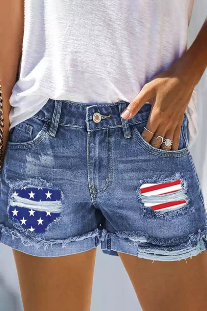 USA Flag Ripped Denim Shorts