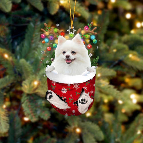 WHITE Pomeranian In Snow Pocket Christmas Ornament