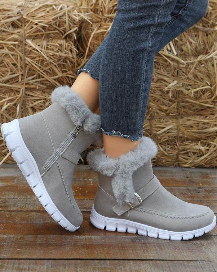 Fuzzy Trim Buckled Lined Snow Boots