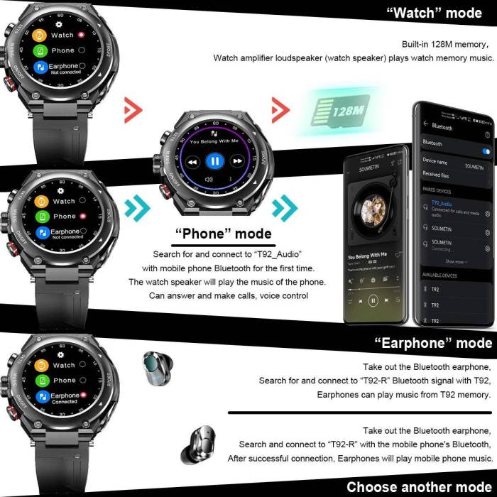 Airappin Smartwatch T92pro Smart Watch with Wireless Headphones Activity Bracelet 2 in 1 Headphones BT MP3 Music