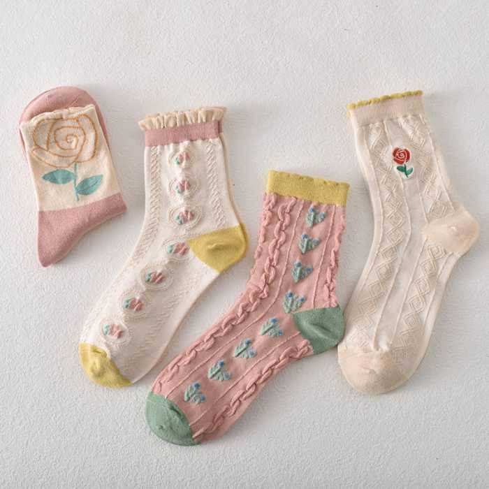 🎁New Year Sale-5 pairs of women's pink floral cotton socks
