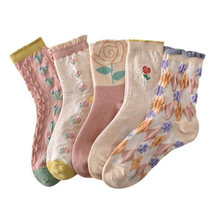 🎁New Year Sale-5 pairs of women's pink floral cotton socks