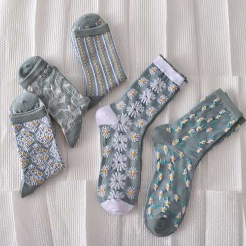 🎁New Year Sale-5 Pairs Women's Blue Elegant Embossed Floral Cotton Socks
