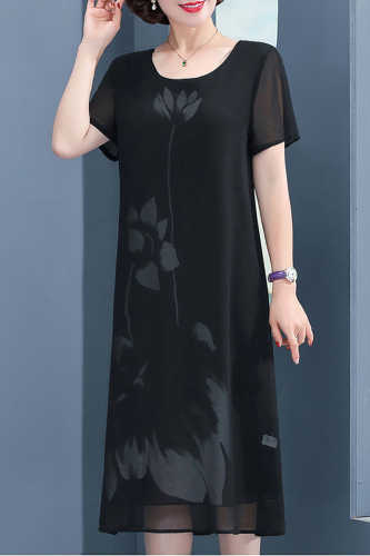 Black Round Neck Floral Print Chiffon Midi Dress