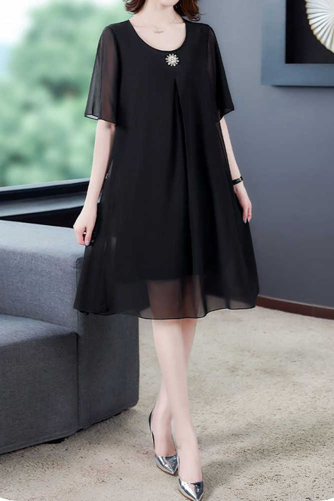 Double Layer Sheer Pearl Brooch Flowy Midi Dresses